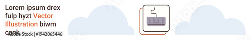 Technology, digital communication, cloud computing, online access, data sharing, modern office. Keyboard icon with two stylized clouds. Technology and digital communication concept