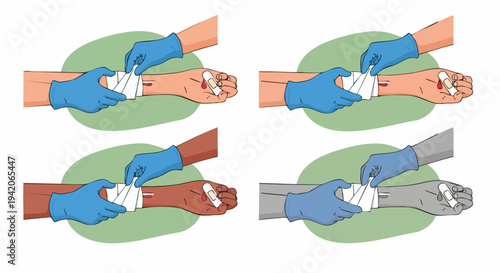 First aid illustration showing bandaging technique for forearm wound treatment