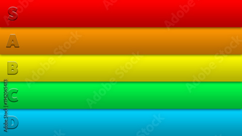 Horizontal gaming tier list template. Five tiers from S tier to D tier for comparing and ranking items from best to worst. 16:9 format for Full HD 1080p and UHD 4K content.