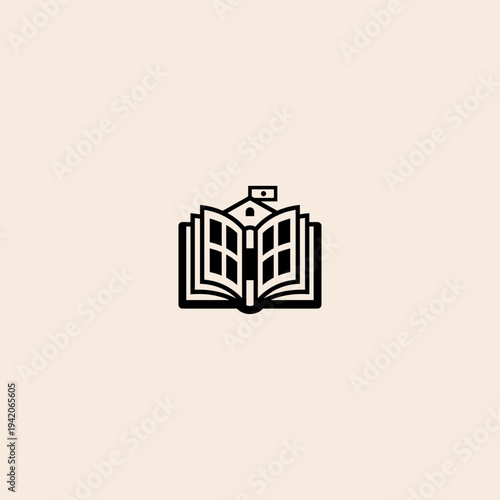 Minimalist black and white vector icon of an open book transforming into a school building with a flag, symbolizing education, knowledge, and learning.