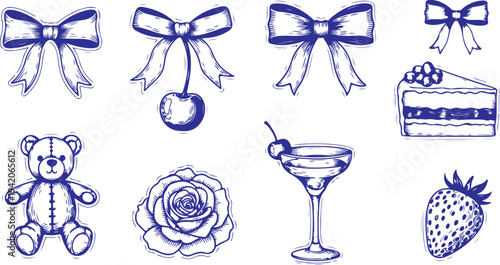 Whimsical illustration of a teddy bear, bows, cherry, and rose