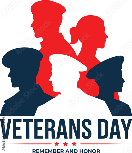 Veterans Day Vector Illustration with Red, White, and Blue Silhouettes of Military Personnel and 'Remember and Honor' Text