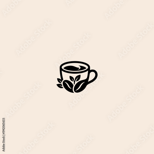 Minimalist Black Coffee Cup with Green Leaves and Coffee Beans Vector Icon for Organic Beverage Brands and Cafes
