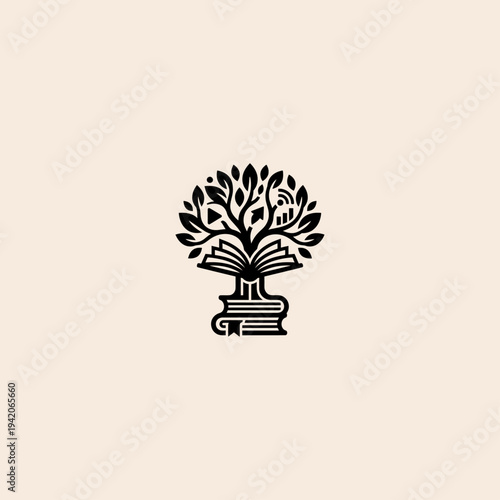 Stylized Black Tree Growing from Open Book with Knowledge & Education Icons Vector Illustration on Light Beige Background