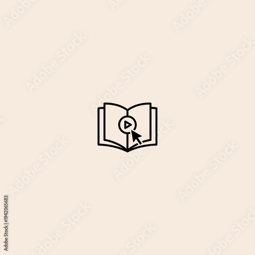 Minimalist black outline vector icon of an open book with a play button and a mouse cursor, symbolizing online learning, tutorials, or digital education content.