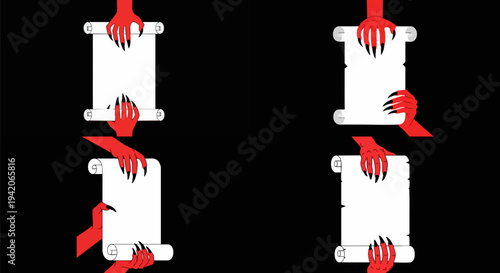 Spooky vector design featuring monstrous red claws grasping empty white scrolls
