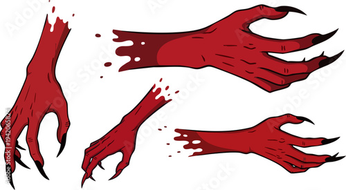 Set of four bloody demonic monster hands with sharp black claws illustration