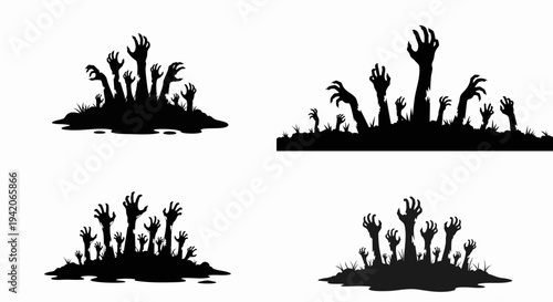 Halloween zombie hands silhouettes set reaching from grave vector illustration design