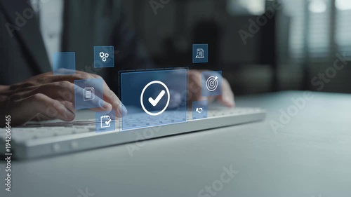 Standard quality control certification assurance concept. Person typing keyboard with quality assurance and certification icons, compliance standards, quality management and business reliability.
