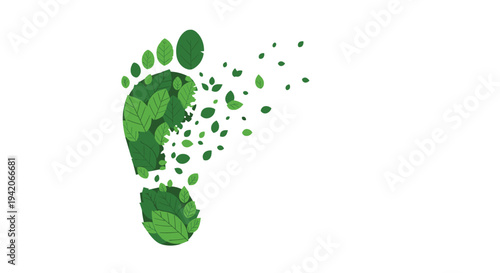 A large human footprint, formed from green leaves, gradually dissipates into scattered foliage on a clean white background.