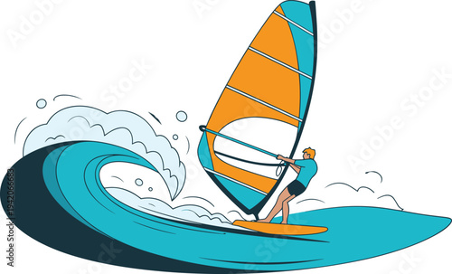 Windsurfing sport illustration, surfer riding ocean wave with sailboard extreme water sport adventure vector isolated background
