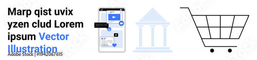 Digital marketing, e-commerce, online payments, technology use, financial services, business concepts. Mobile screen with visuals, bank symbol shopping cart. Digital marketing and e-commerce concept