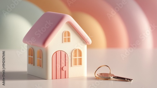 Small minimalist house model with a key next to it in pastel colors
