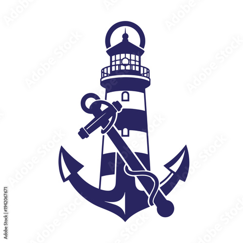 Nautical symbol of a lighthouse with an anchor on a white background