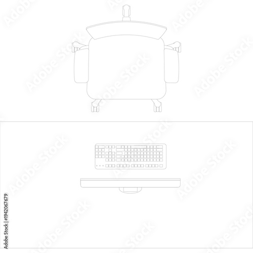 CAD Drawing of Office Chair and Keyboard in Minimalist Workspace