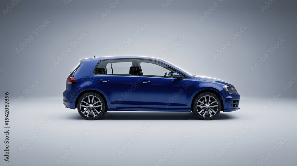 Obraz premium Blue compact hatchback car parked on light-gray studio background