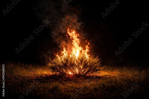 Burning Bush Lighting Dark Field at Night