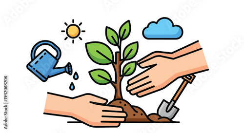 Hands nurturing a young plant with watering can and shovel in vector illustration