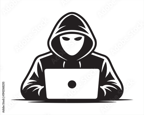 Cybersecurity threat hacker with laptop silhouette illustration