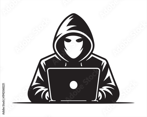 Anonymous hacker working on laptop cyber crime concept vector art