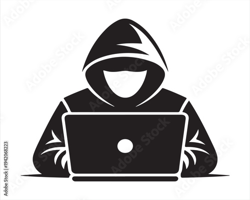 Hooded hacker using laptop cybersecurity vector silhouette illustration