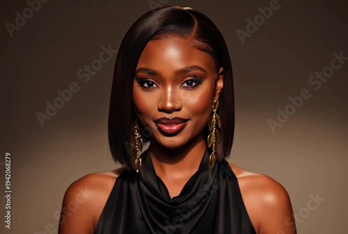 Elegant Black Dress and Gold Earrings on a Stylish Woman