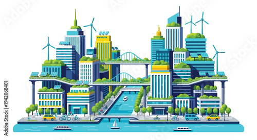 Sustainable cityscape with renewable energy and eco friendly transportation in a modern urban landscape