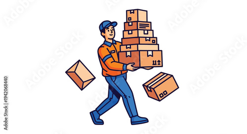 Delivery man carrying large stack of parcels with fragile handling symbols on them carefully
