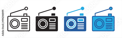 Portable Radio Icon Set Vector Audio History, Retro Device, and Simplicity Line and Solid Symbols