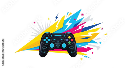 Colorful explosive background highlighting a modern video game controller in vector graphic design