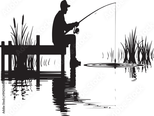 Fisherman sitting on dock fishing in lake silhouette vector illustration