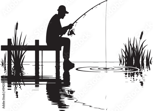 Fisherman sitting on wooden dock fishing in lake with rod silhouette vector illustration peaceful outdoor fishing activity isolated on white background