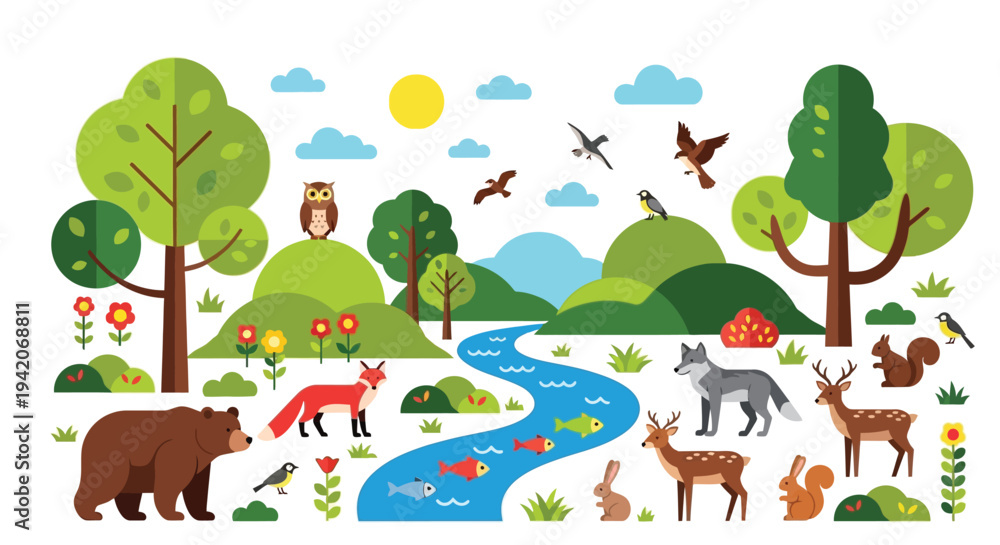 Fototapeta premium Colorful forest ecosystem illustration featuring various animals and wildlife in a natural setting