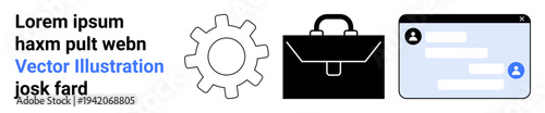 Business operations, technology, workflow solutions, digital communication, user interface, teamwork efficiency. Gear icon, briefcase and chat window. Business operations and technology concepts