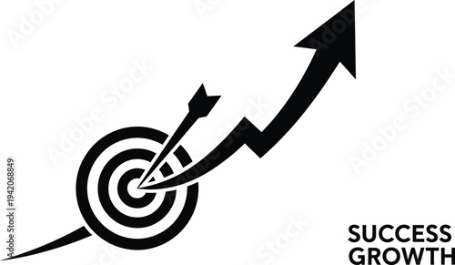 A black and white graphic depicting a target with an arrow hitting the bullseye and an upward trending arrow