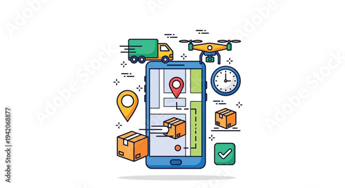 Smartphone tracking package delivery with map and logistics elements in a vector illustration
