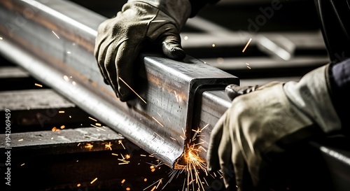 Close-up of a welder's gloved hands working with metal beams and sparks flying