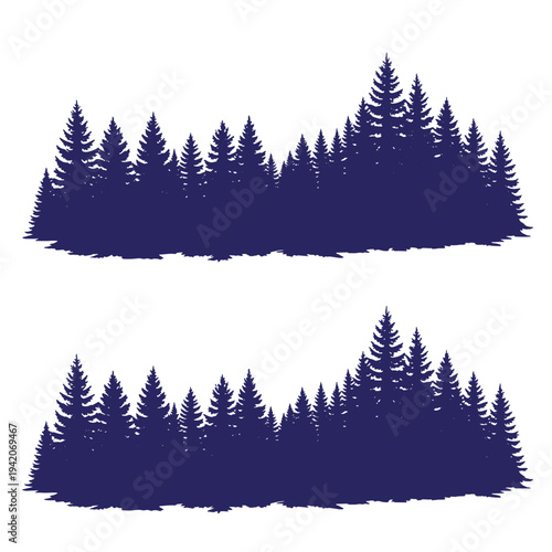 Two sets of dark blue pine tree silhouettes on white background for graphic design  forest landscape elements