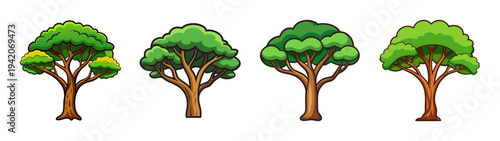 Illustration of four deciduous trees with green leaves and brown trunks for design projects