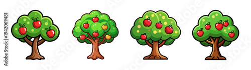 Cartoon apple trees illustration vector graphic design fruit trees orchard trees apple harvest season