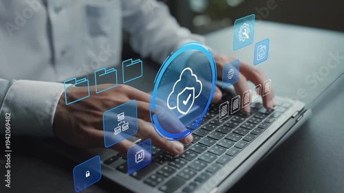 Cloud security and data protection concept. Person using laptop with cloud computing and cybersecurity icons, secure data storage, privacy protection and digital infrastructure.