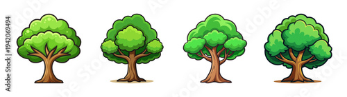 Cartoon tree illustration set for games and nature designs with green foliage and brown trunks