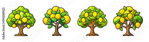 Cartoon style trees with yellow fruits vector illustration for game design and nature graphics use