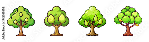 Illustration of cartoon trees vector design assets for game development and nature graphics set