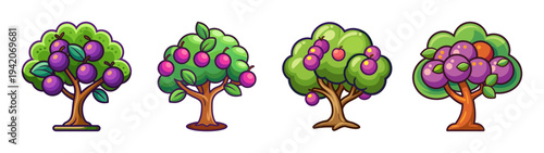 Cartoon plum tree vector illustration asset pack for game design and graphic design projects use
