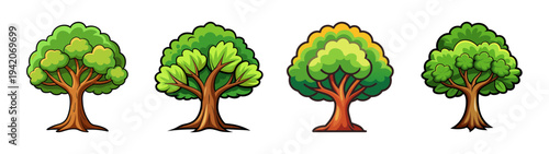 Cartoon tree vector illustration: set of four trees with green leaves and brown trunks isolated