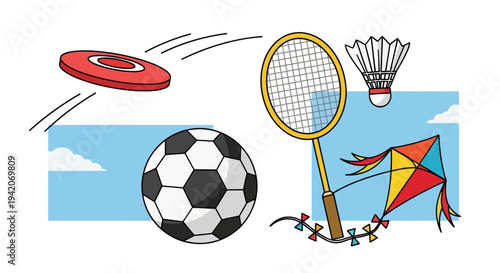 Sports equipment collection illustration with flying frisbee soccer ball badminton shuttlecock and kite elements