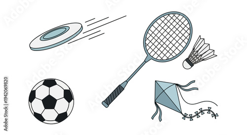 Sporting equipment collection isolated on white background including soccer ball badminton racket frisbee shuttlecock and kite