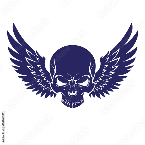 Winged skull icon with outstretched wings on white background for design and decoration purposes