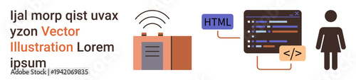 Web development, programming, connectivity, coding education, digital tools, user interface concept. Icons of electronic wireless device, HTML code user figure. Web development and programming